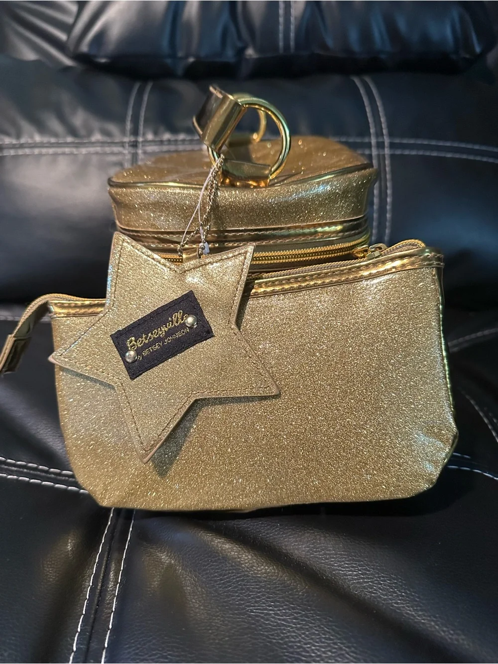 Betsey Johnson Gold Glitter Cosmetic Case Set